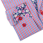 Plaid Button-Up + Floral Trim //  Red + Blue (M)