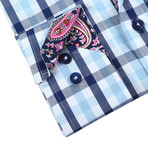 Plaid Button-Up + Paisley Trim // Navy + Light Blue + White (S)