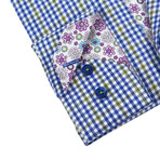 Plaid Button-Up + Floral Trim //  Navy + Yellow + White (S)