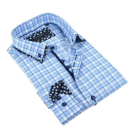 Plaid Floral Trim Button-Up // Light Blue + White + Navy (S)