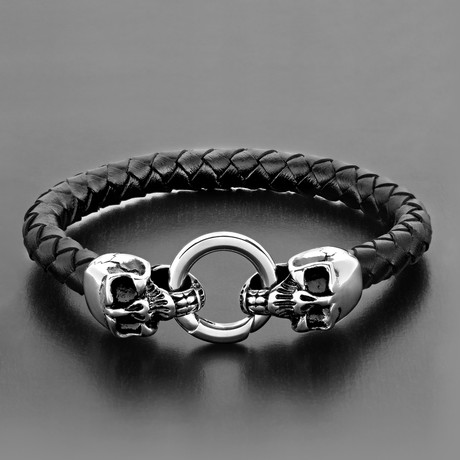 Double Skull Loop Leather Bracelet