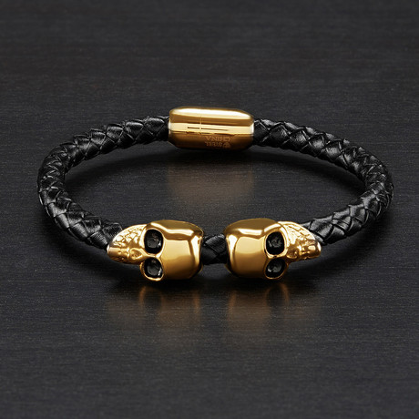 Twin Skull Braided Leather Bracelet (Gold)