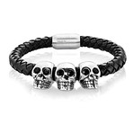 Triple Skull Black Leather Bracelet