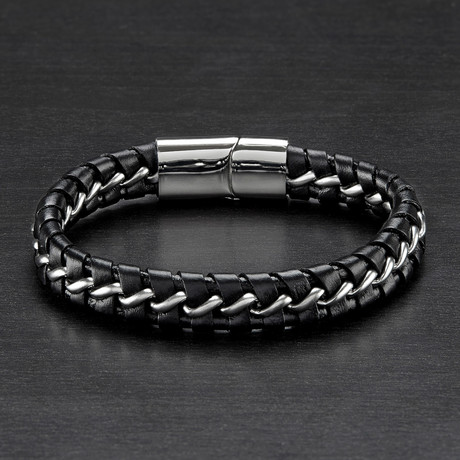 Braided Leather Curb Chain Bracelet (Black)
