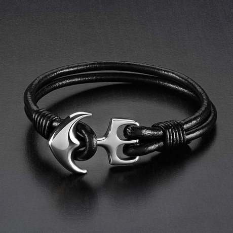 Anchor Clasp Leather Bracelet (Black)