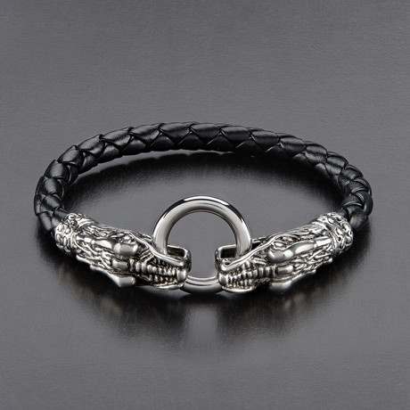 Twin Dragon Clasp Leather Bracelet