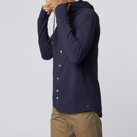 Long-Sleeve Hooded Knit Shirt // Navy (S)
