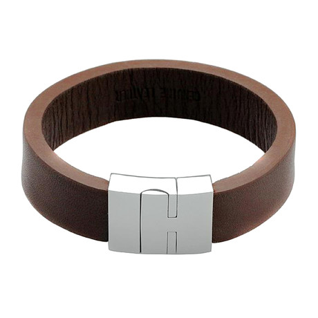 Stainless Steel Bracelet + Brown Leather