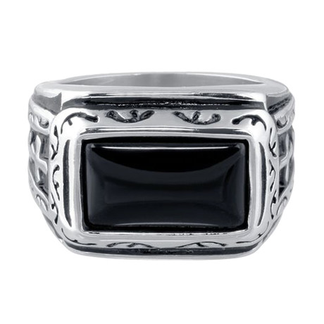 Stainless Steel + Black Agate Ring (Size 10)