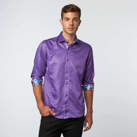 Long Sleeve Sateen Harlequin Jacquard Button-Up // Purple (XS)