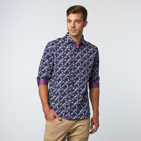 Long Sleeve Paisley Print Button-Up // Navy (XS)