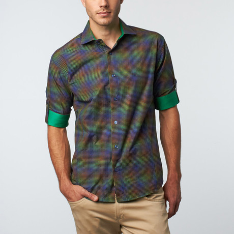 Long-Sleeve Button-Down Gingham Print Shirt // Green (S)