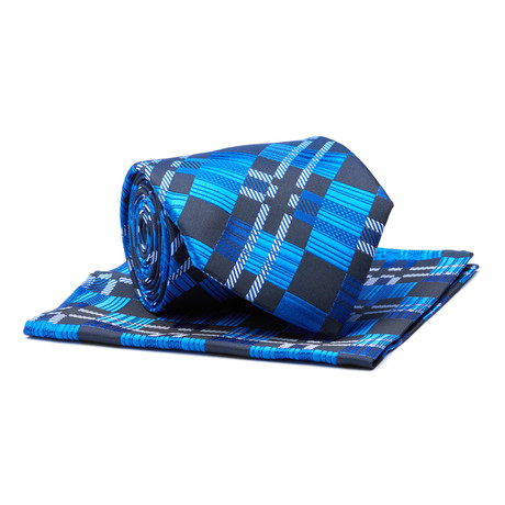 Tie + Hankie // Royal Blue + Black Geometric Pattern