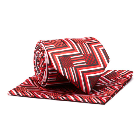 Tie + Hankie // Fire Red Geometric Pattern