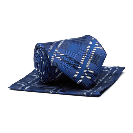 Tie + Hankie // Navy Blue Geometric Plaid Pattern