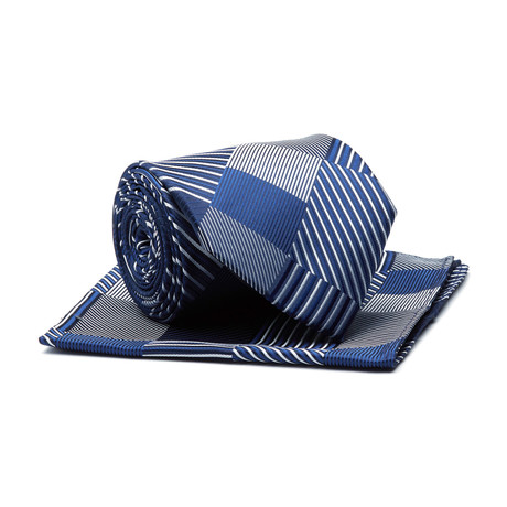 Tie + Hankie // Navy Blue Geometric Lines Pattern