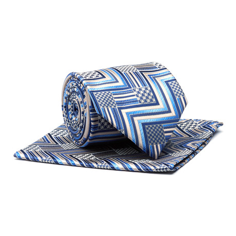 Tie + Hankie // French Blue Geometric Pattern