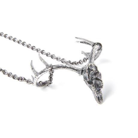 Trophy Deer Skull Necklace // Silver Plated White Bronze (18" Chain)