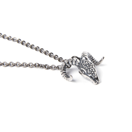 Bighorn Ram Skull Necklace // Silver Plated White Bronze (18" Chain)