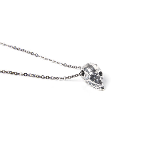 Human Skull Necklace // Silver Plated White Bronze (18" Chain)