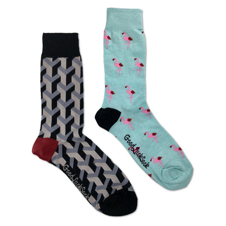 Geometric Flamingo Socks // Pack Of 2 // Grey + Green