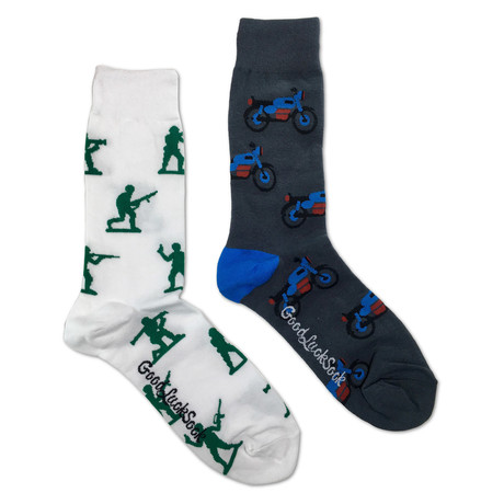 Motorcycles Toy Soldiers Socks // Pack Of 2 // Grey + White