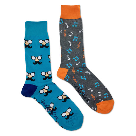 Music Notes Mustaches Socks // Pack Of 2 // Orange + Blue