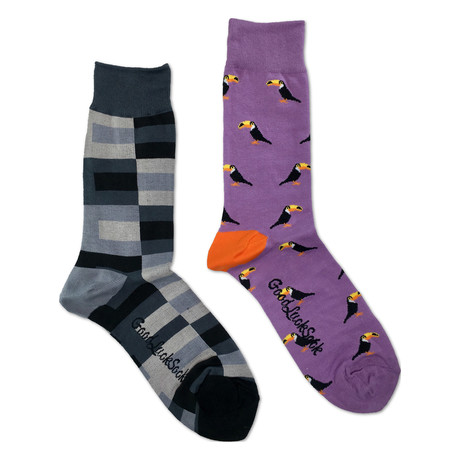 Rectangles Toucans Socks // Pack Of 2 // Grey + Purple