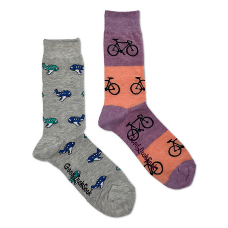 Airplanes Checkered Bicycle Socks // Pack Of 2 // Grey + Orange