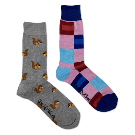 Squirrel Checkered Socks // Pack Of 2 // Grey + Pink