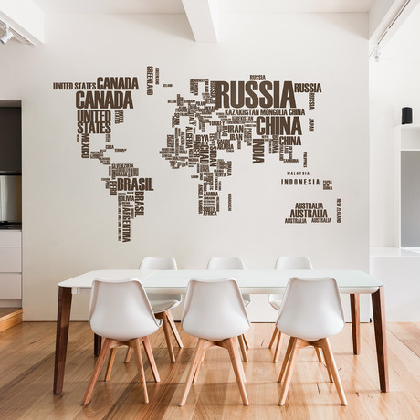 World Map + Removable Names // Brown (73"W x 45"H)