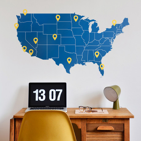 United States Map + Pin Drop Pointers // Blue + Yellow (120”W x 67"H)
