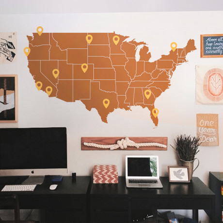 United States Map + Pin Drop Pointers // Brown + Yellow (120”W x 67"H)