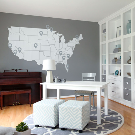 United States Map + Pin Drop Pointers // White + Grey (120”W x 67"H)