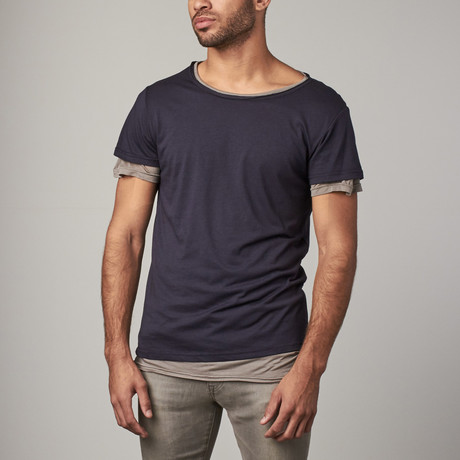 Long Line Double Layer Crewneck Tee // Navy Blue (XS)