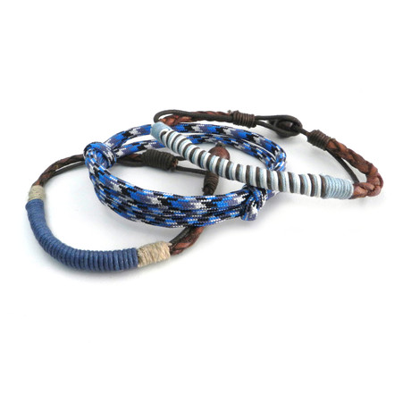 Thin Leather & Paracord Bracelet // Set of 3 (Brown + Blue + White)