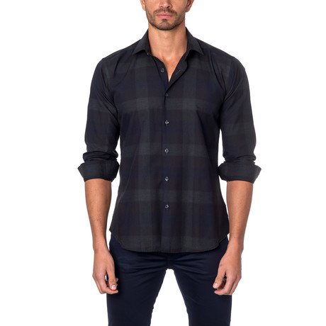 Jared Lang // Shadow Plaid Button-Up Shirt // Navy + Grey (M)