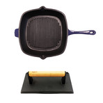 Neo 2Pc Cast Iron Grill Set: Grill Pan & Bacon/Steak Press, Purple