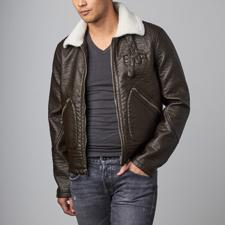 Members Only Mens Military Leather Jacket with Sherpa Collar