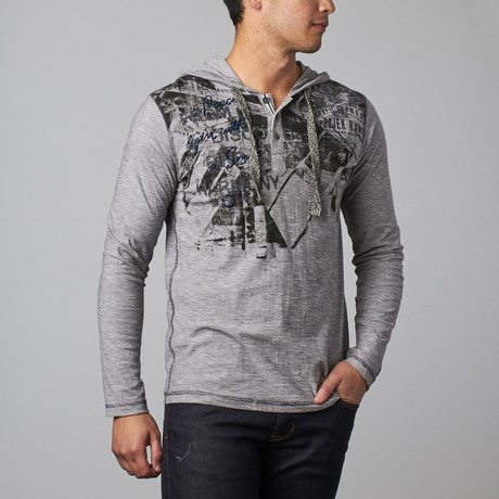 Striped Hooded Long Sleeve Graphic Henley // Grey (S)