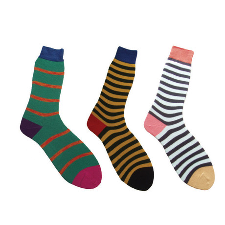 Socks // Green + Black + White Stripes // Pack of 3 (M)