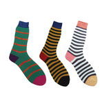Socks // Green + Black + White Stripes // Pack of 3 (L)