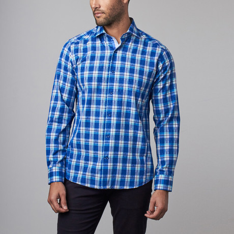 Button-Up Shirt // Blue + Light Blue Plaid (S)