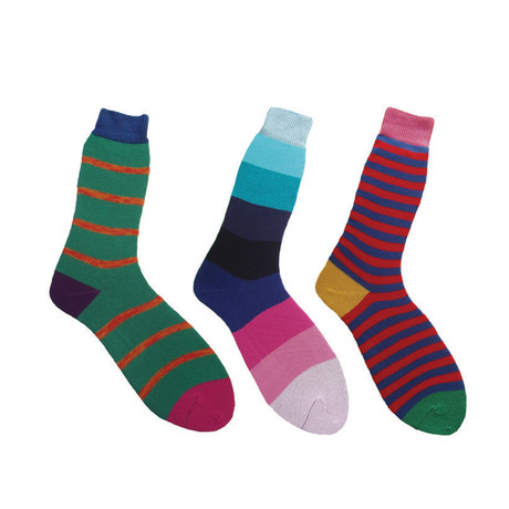 Socks // Green + Navy + Red Stripes // Pack of 3 (M)