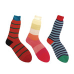 Socks // Red + Coral + Navy Stripes // Pack of 3 (L)