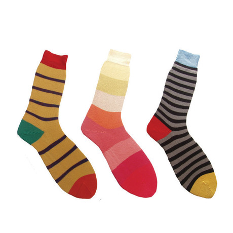 Socks // Mustard + Coral + Black Stripes // Pack of 3 (M)