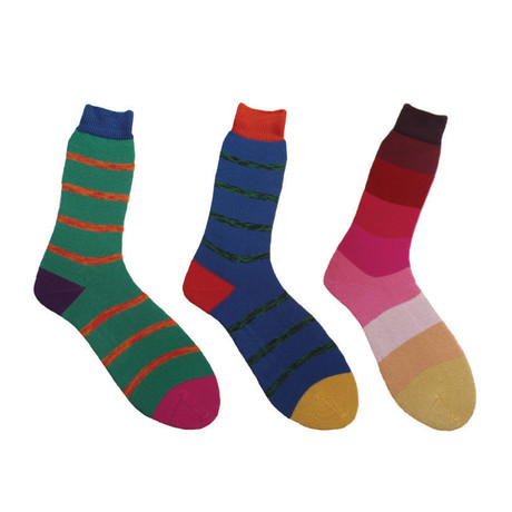 Socks // Green + Navy + Magenta Stripes // Pack of 3 (M)