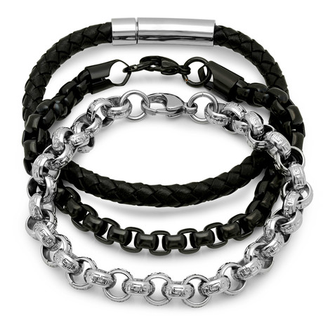 Silver + Black Chain With Leather Braided Cord // Set of 3