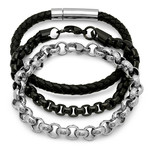 Silver + Black Chain With Leather Braided Cord // Set of 3