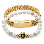 HMY Jewelry // Marble Skull Chain Link Bracelets // White + Gold // Set of 2